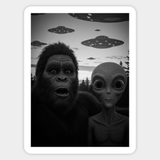 Funny Scared Bigfoot Selfie with Alien and UFOs Sticker